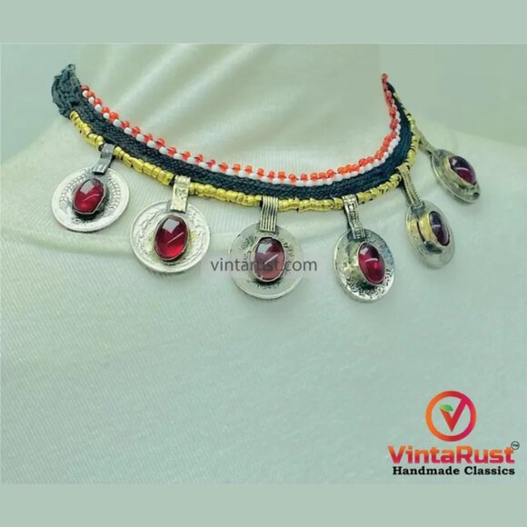 Tribal Glass Stone Embedded Coins Necklace: Statement Kuchi Handmade Choker - Picture 2 of 7